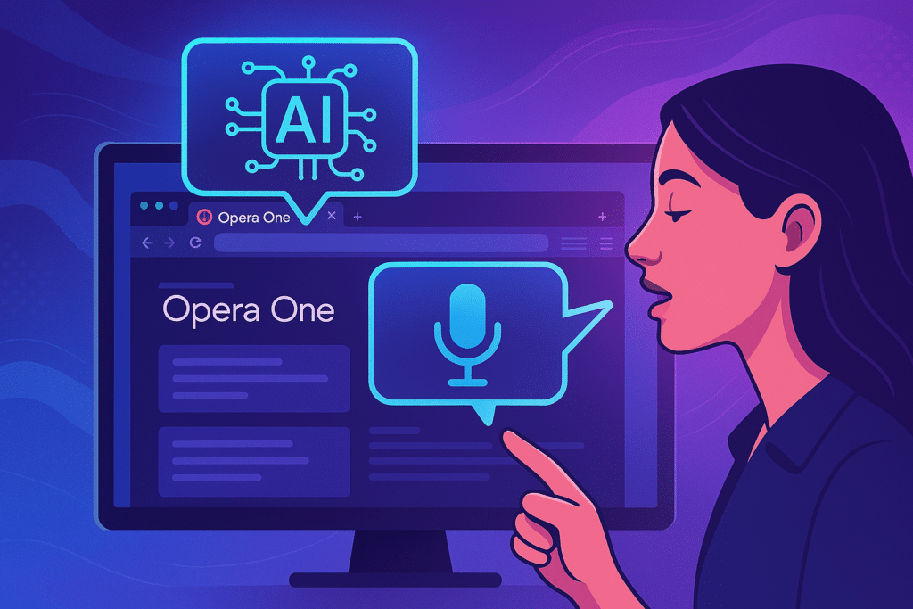 A digital illustration in a futuristic, semi-realistic style shows a woman using voice commands with the Opera One browser. She faces a computer screen displaying the Opera One interface with multiple tabs. Speech bubbles above the screen contain icons for AI and a microphone, symbolizing AI-powered voice navigation. The background features cool purple and blue tones, enhancing the tech-forward theme.