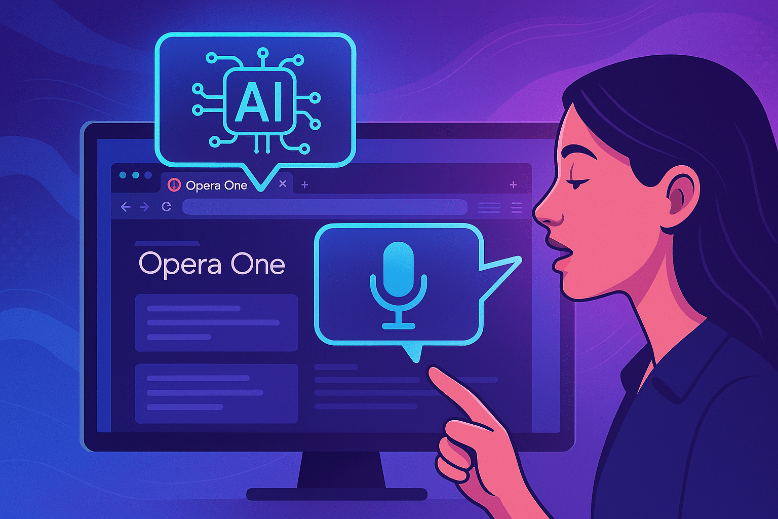A digital illustration in a futuristic, semi-realistic style shows a woman using voice commands with the Opera One browser. She faces a computer screen displaying the Opera One interface with multiple tabs. Speech bubbles above the screen contain icons for AI and a microphone, symbolizing AI-powered voice navigation. The background features cool purple and blue tones, enhancing the tech-forward theme.
