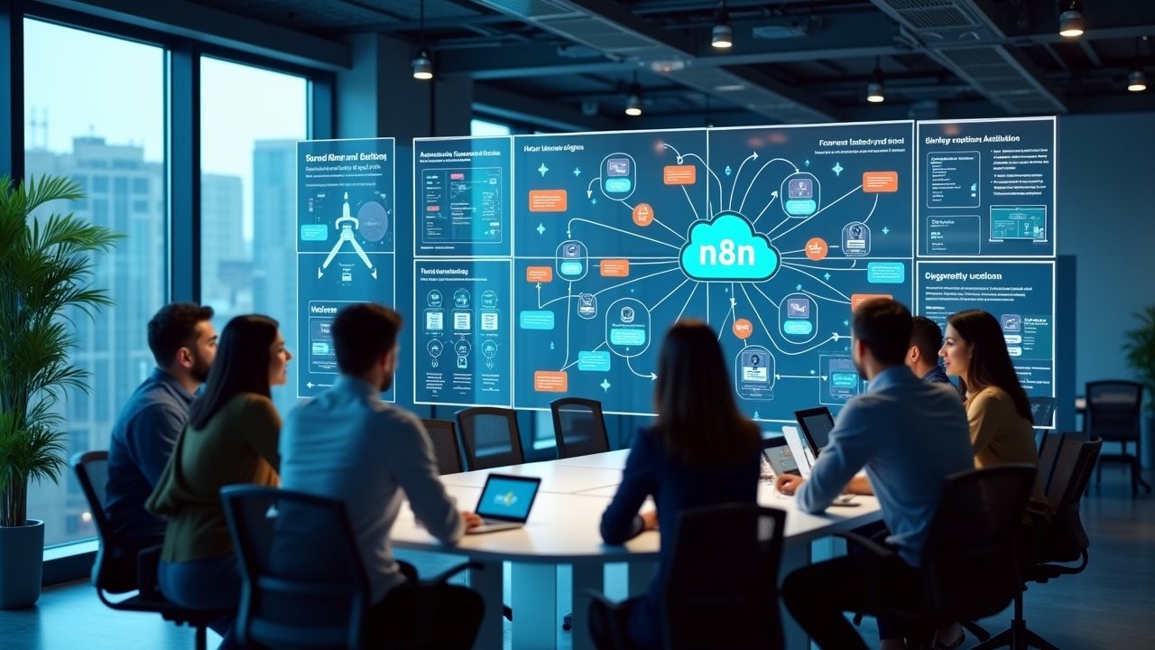 n8n automation guide cover image showing modern team collaborating with workflow charts, no code automation tools, and digital efficiency icons for boosting productivity